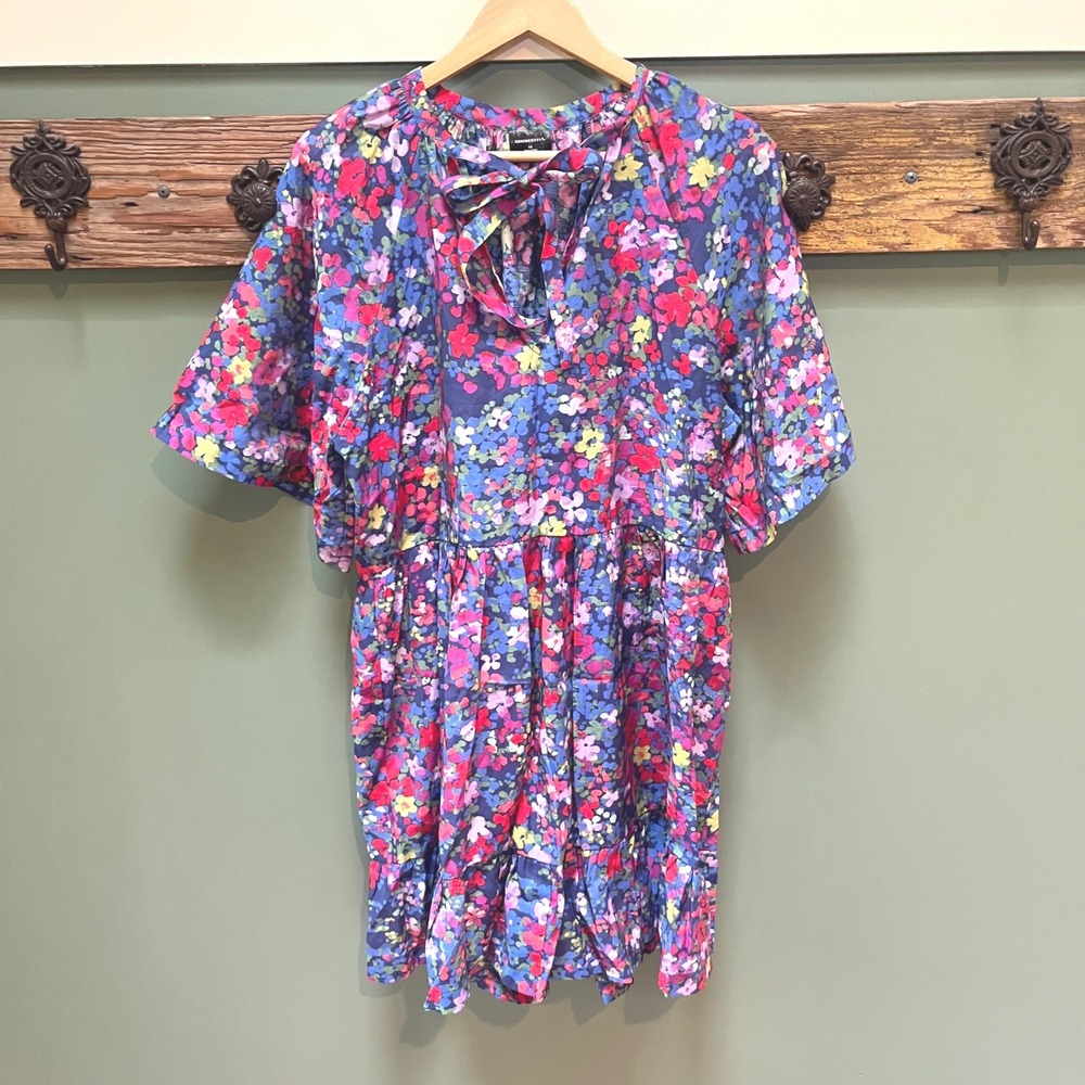 Summersalt Floral Tiered Mini Dress Blue Red Pink Yellow Tie Neck Womens Large